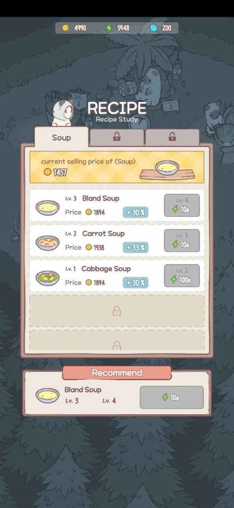 Tab công thức trong Cats & Soup