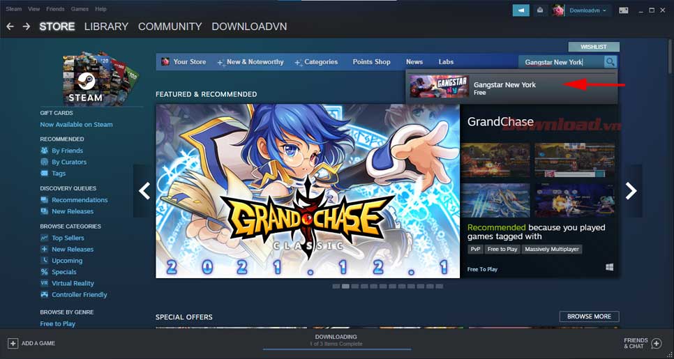 <p>1. Đăng nhập tài khoản Steam. Gõ <strong>Gangstar New York </strong>trên trường tìm kiếm ở mục <strong>Store</strong>.