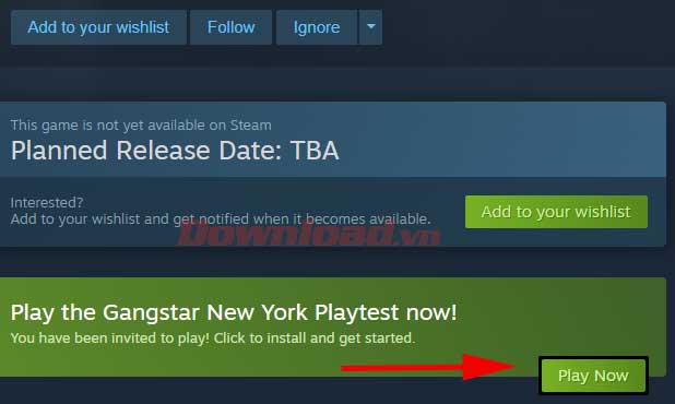 <p>5. Quay lại cửa sổ giới thiệu game chính. Như bạn thấy nút yêu cầu truy cập Gangstar New York Playtest