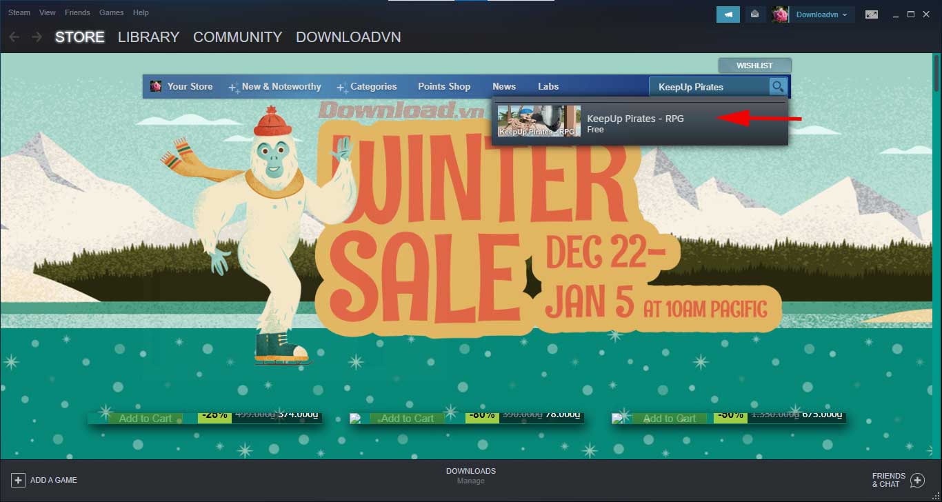 <p>1. Đăng nhập tài khoản Steam. Gõ <strong>Keepup Privates RPG</strong> vào ô tìm kiếm ở mục Store.