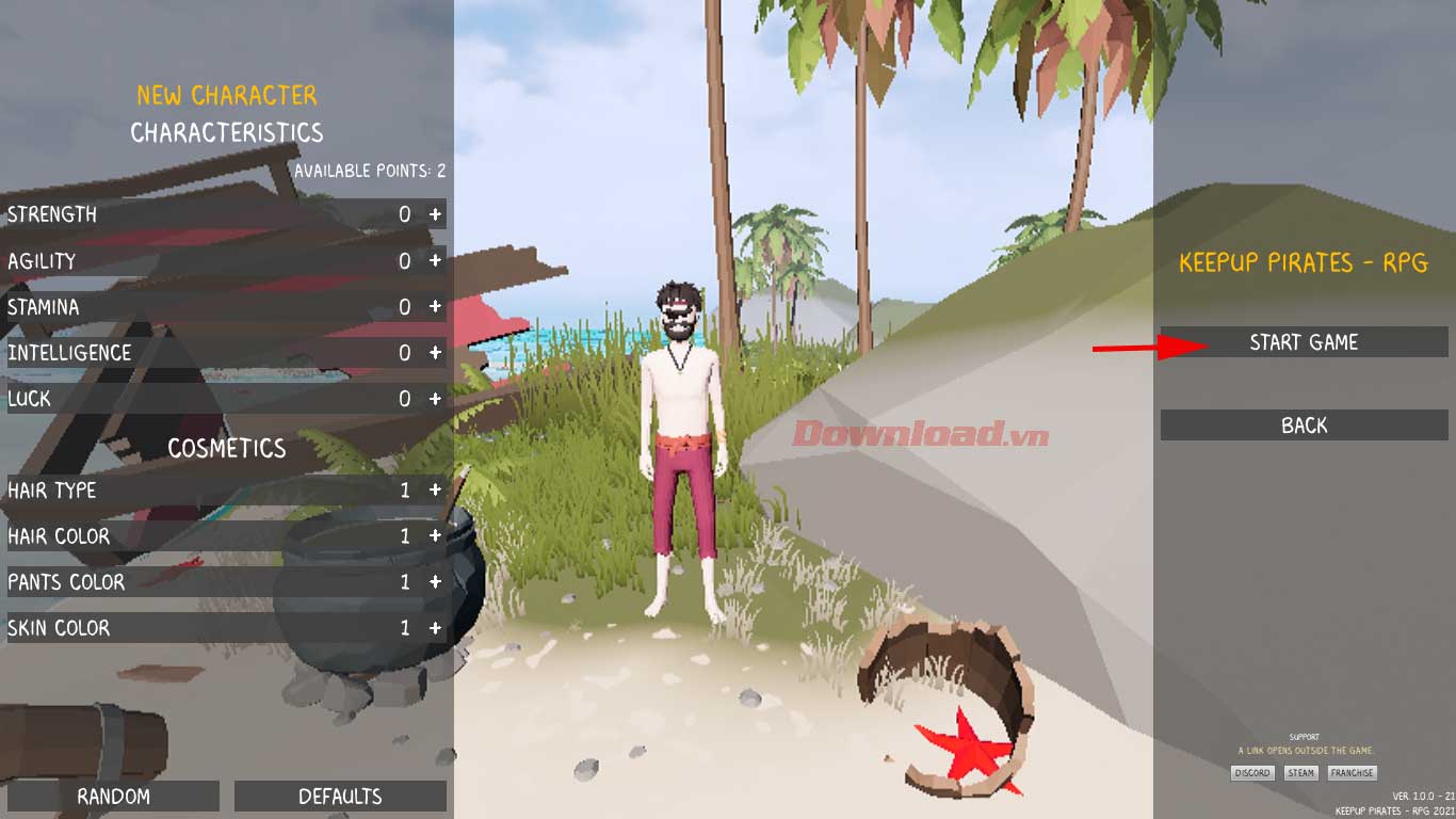 <p>10. Bên phải là cài đặt nhân vật. Bạn có thể giữ nguyên mặc định hoặc chỉnh các chỉ số sức mạnh nhân