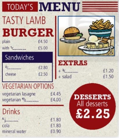 Complete the menu with the words in the box