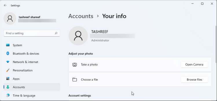 Trang thông tin tài khoản trên Win 10