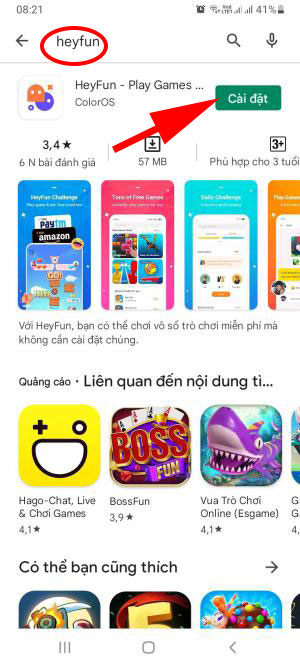 <p><strong>Bước 1</strong>: Vào Google Store, tìm từ khóa <strong>HeyFun</strong>.</p>
<p><strong>Bước