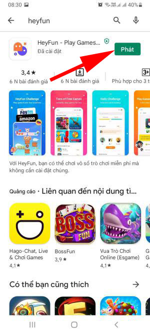 <p><strong>Bước 3</strong>: Sau khi cài đặt hoàn tất, nhấn nút Phát để bắt đầu sử dụng HeyFun.</p>