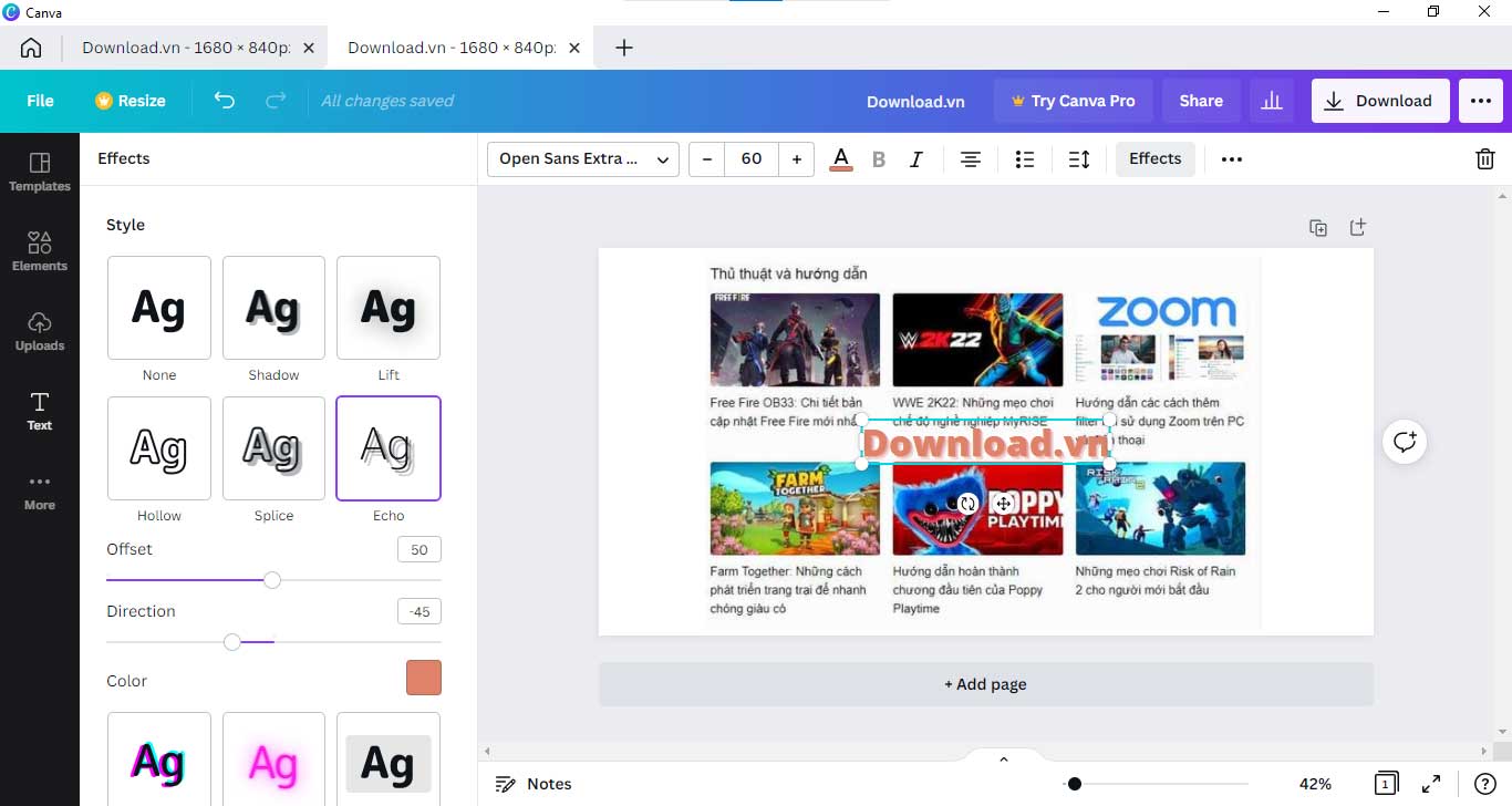 <p>5. Nếu muốn tạo kiểu chữ, chọn <strong>Effects</strong>. Sau khi hoàn thiện bức hình, click <strong>Download</strong>