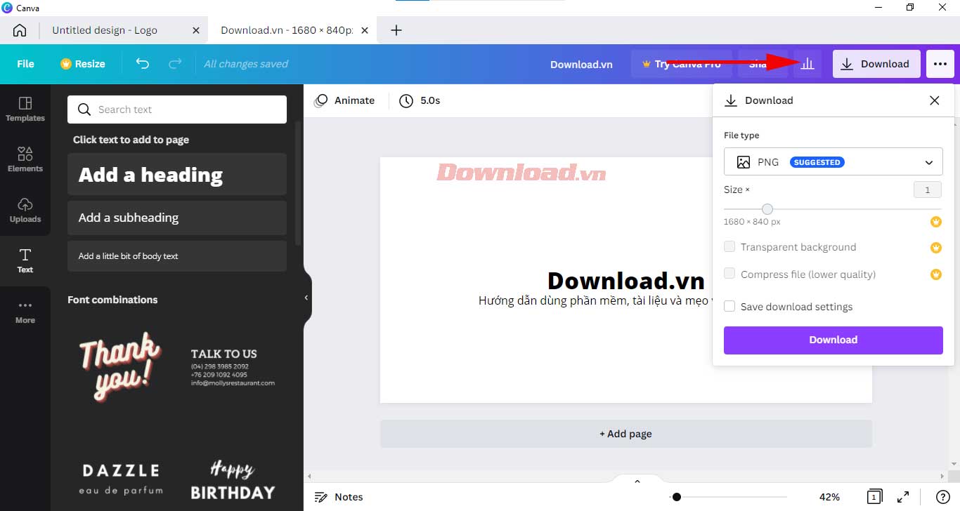 <p>4. Sau khi đã hài lòng với kết quả, nhấn Download. Tích <strong>Transparent background</strong> và