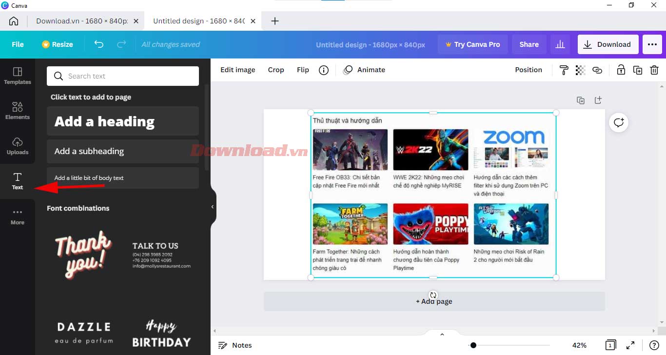 <p>3. Chọn <strong>Text</strong>. Nhập logo bạn muốn bằng cách click <strong>Add a heading</strong>.</p>