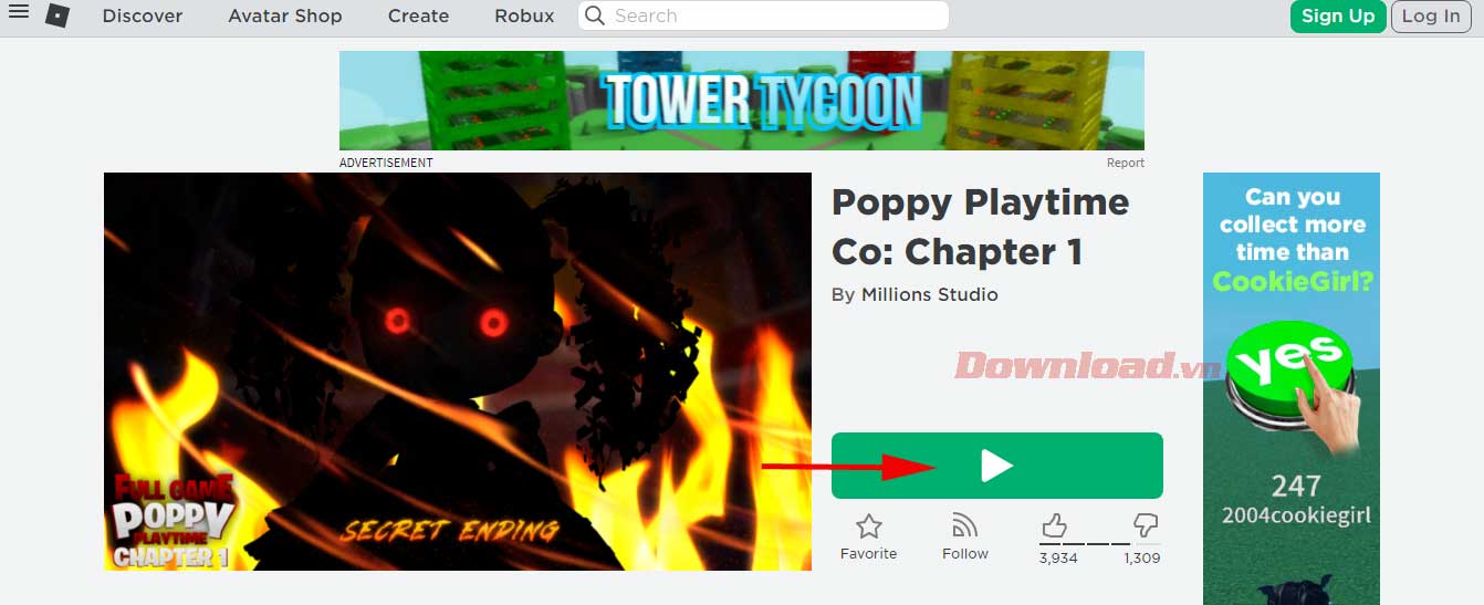 <p>3. Giờ bạn đã ở trang Tải Poppy Playtime 1 trên Roblox. Nhấn vào nút bấm màu xanh.</p>