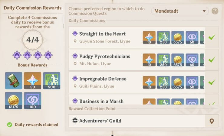 Nhiệm vụ hàng ngày trong Genshin Impact