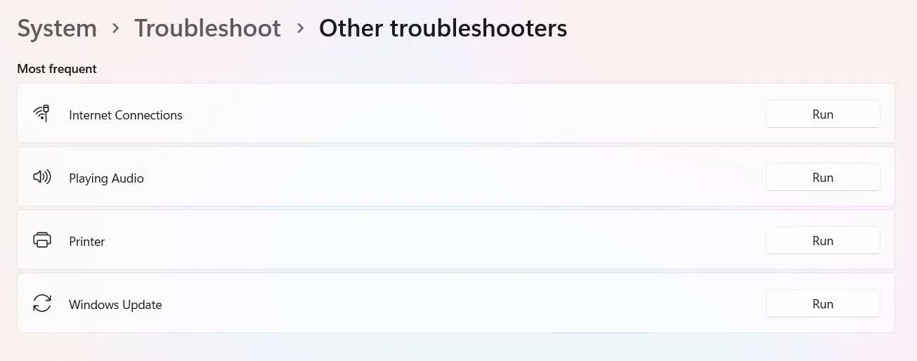 Menu các trình khắc phục sự cố trên Windows