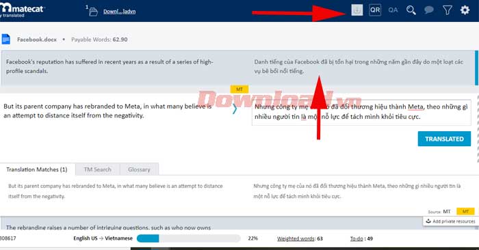 Nút Download bản dịch ở phía trên của màn hình MateCat