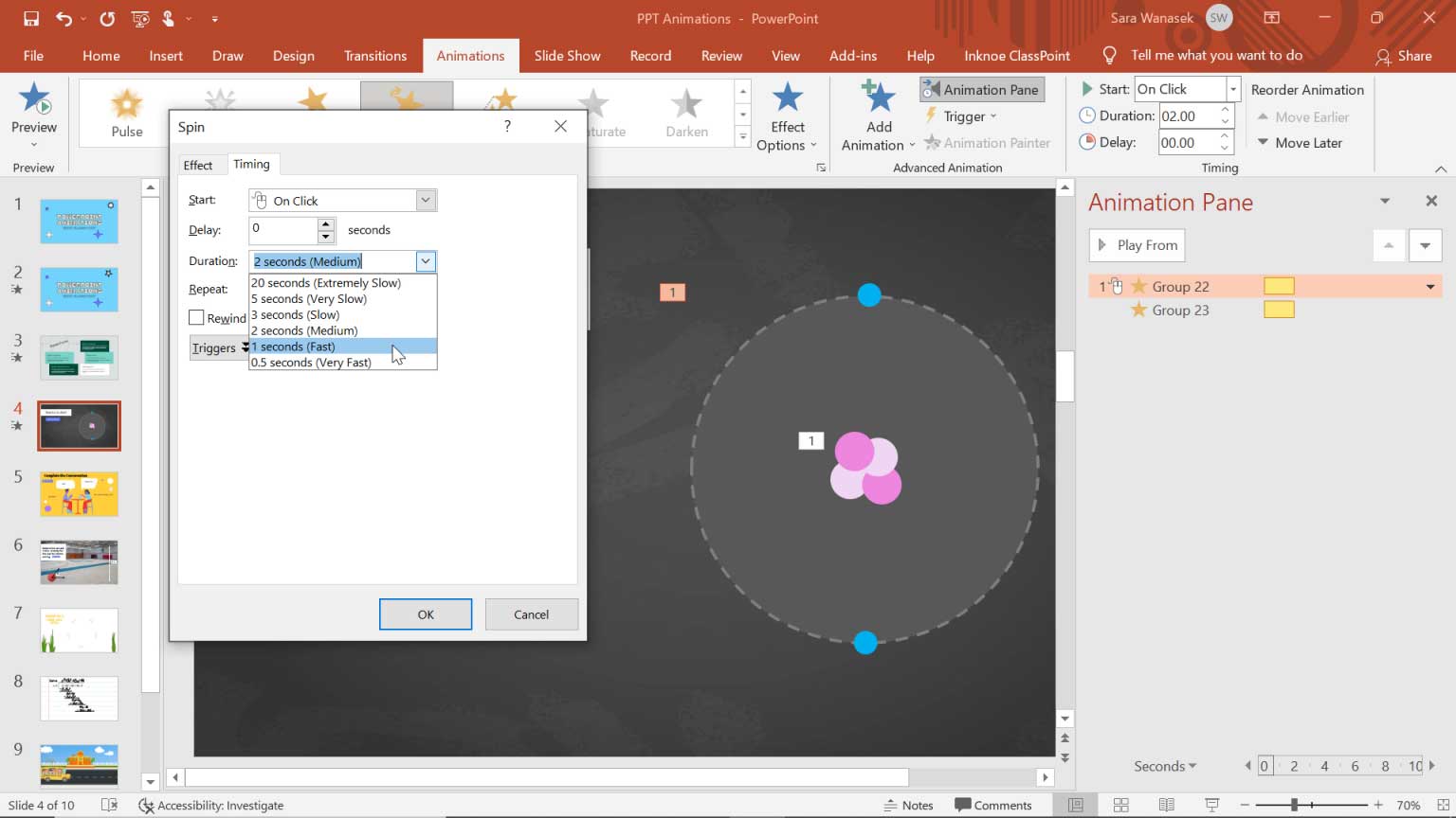 Thay đổi thời lượng hiệu ứng xoay vòng trong PowerPoint