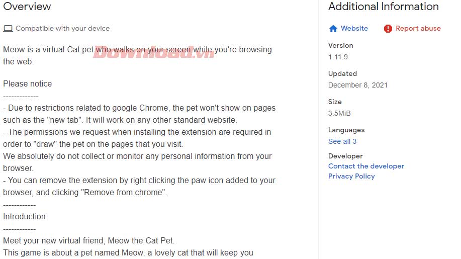 Thông tin chi tiết về một tiện ích trên cửa hàng Chrome
