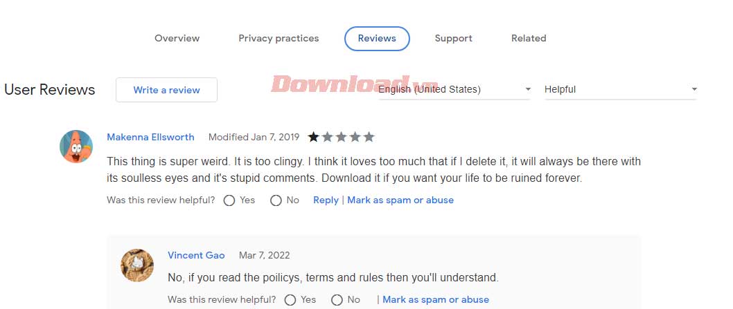 Tab này cho bạn biết đánh giá về một tiện ích trên Chrome Web Store