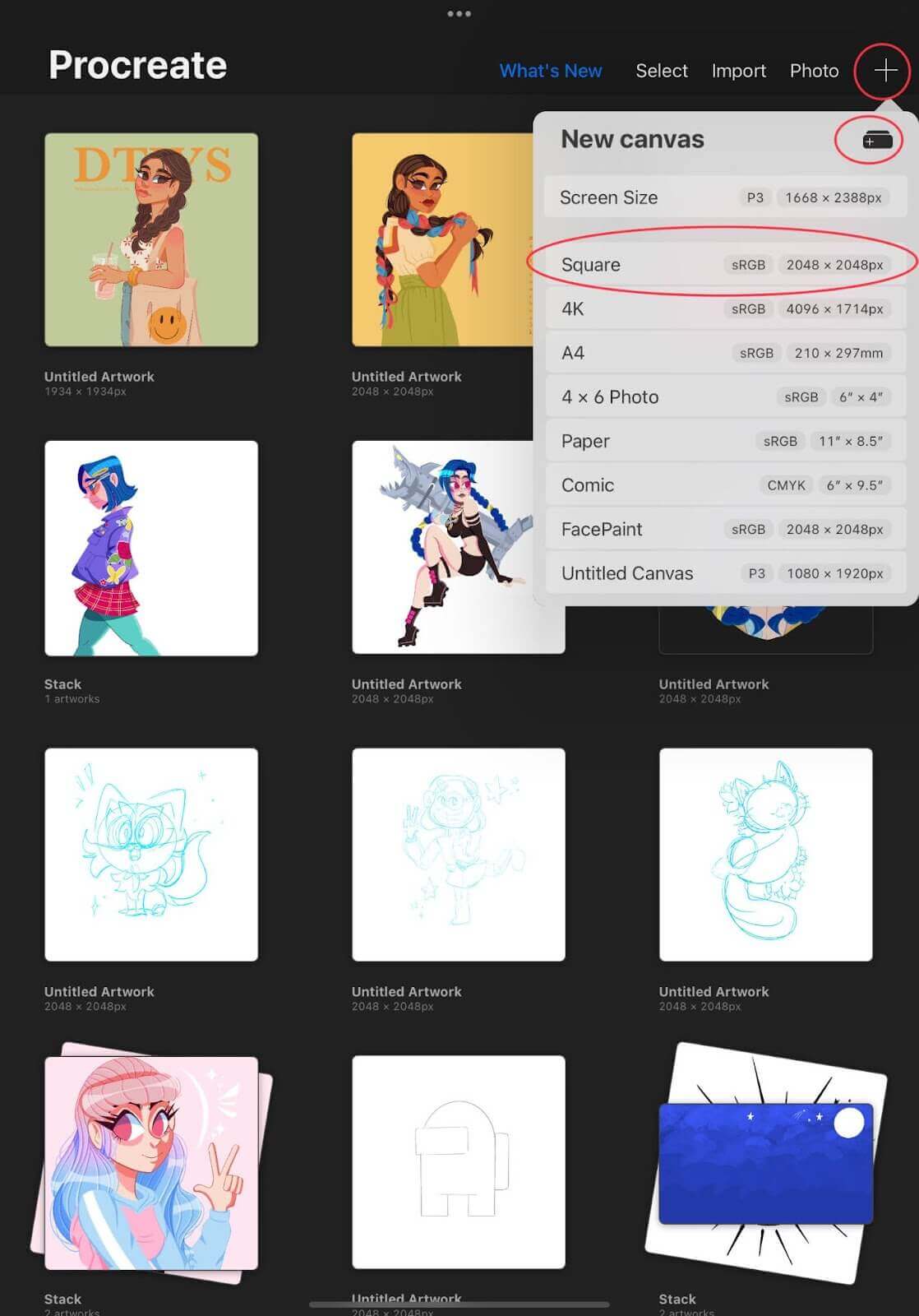 Mở canvas mới trong Procreate