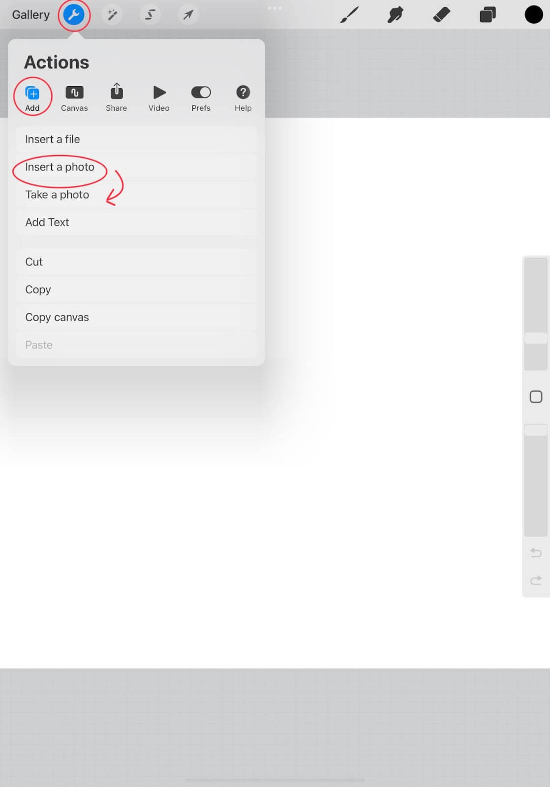 Nút chèn ảnh trên Procreate