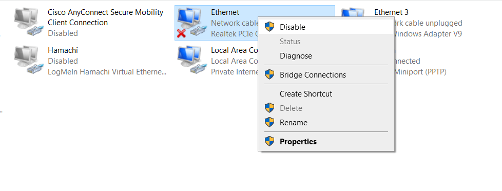 Tắt bộ điều hợp mạng