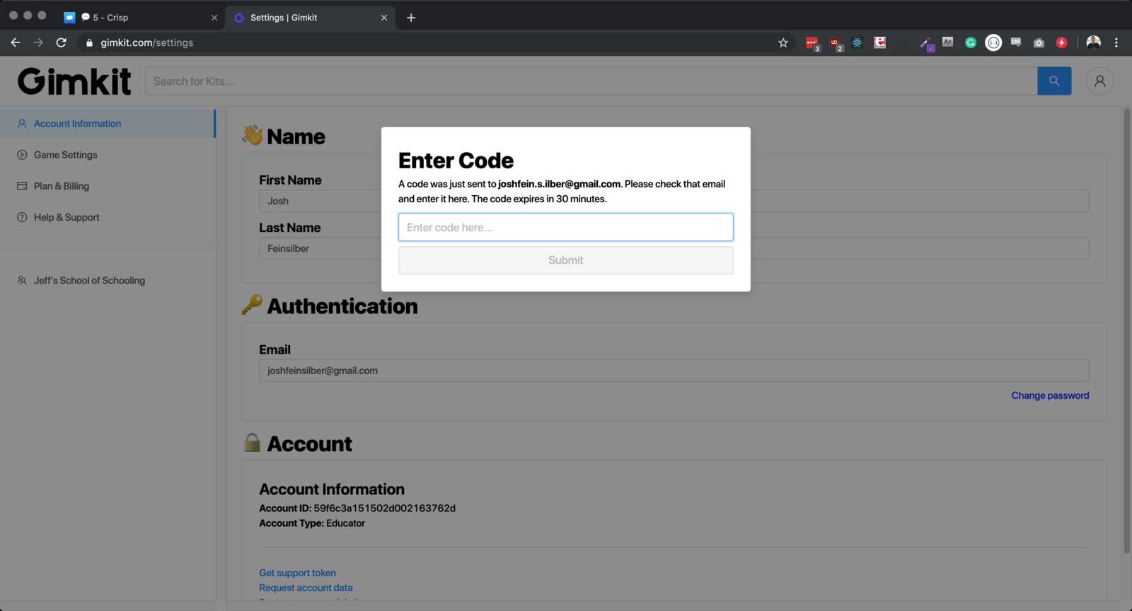 <p><strong>Nếu đã đăng nhập</strong></p>
<ol>
<li>Tới<strong> Settings</strong>.</li>
<li>Tìm phần <strong>Authentication</strong>.</li>
<li>Click