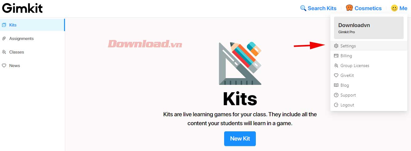 <p>1. Đăng nhập tài khoản Gimkit. Click icon Settings trong menu mở rộng từ <strong>Me</strong>.</p>
