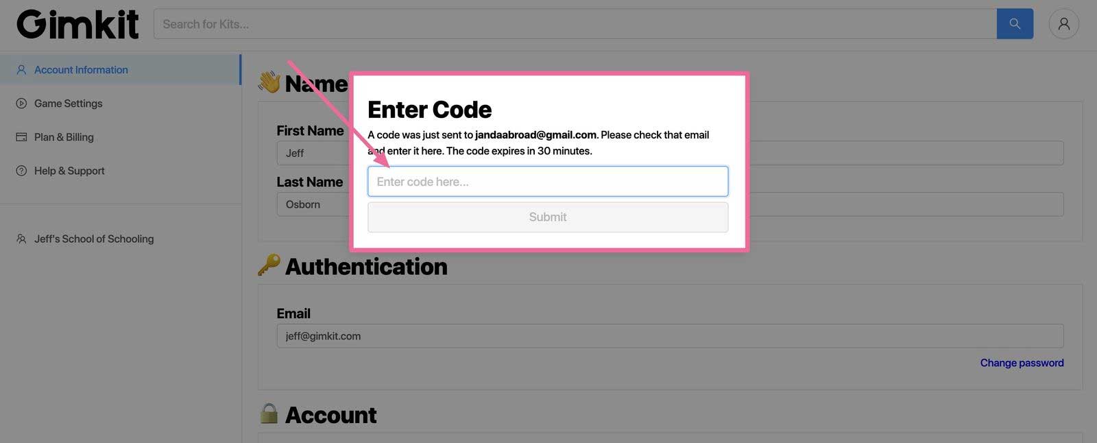 <p>4. Gimkit sẽ gửi code cho bạn qua email, nhập nó vào popup<strong> Enter Code</strong>, rồi click