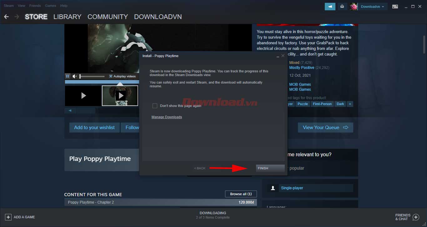 Hoàn tất thiết lập tải Poppy Playtime