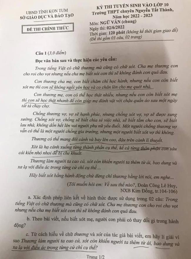 Đề thi vào lớp 10 môn Văn chung 