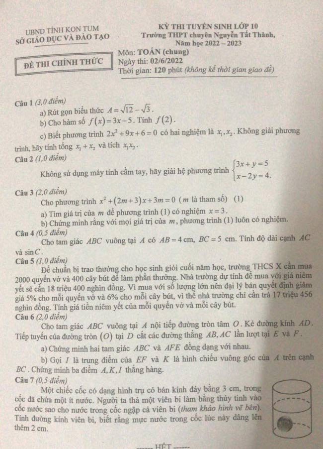 Đề thi vào lớp 10 môn Toán chung