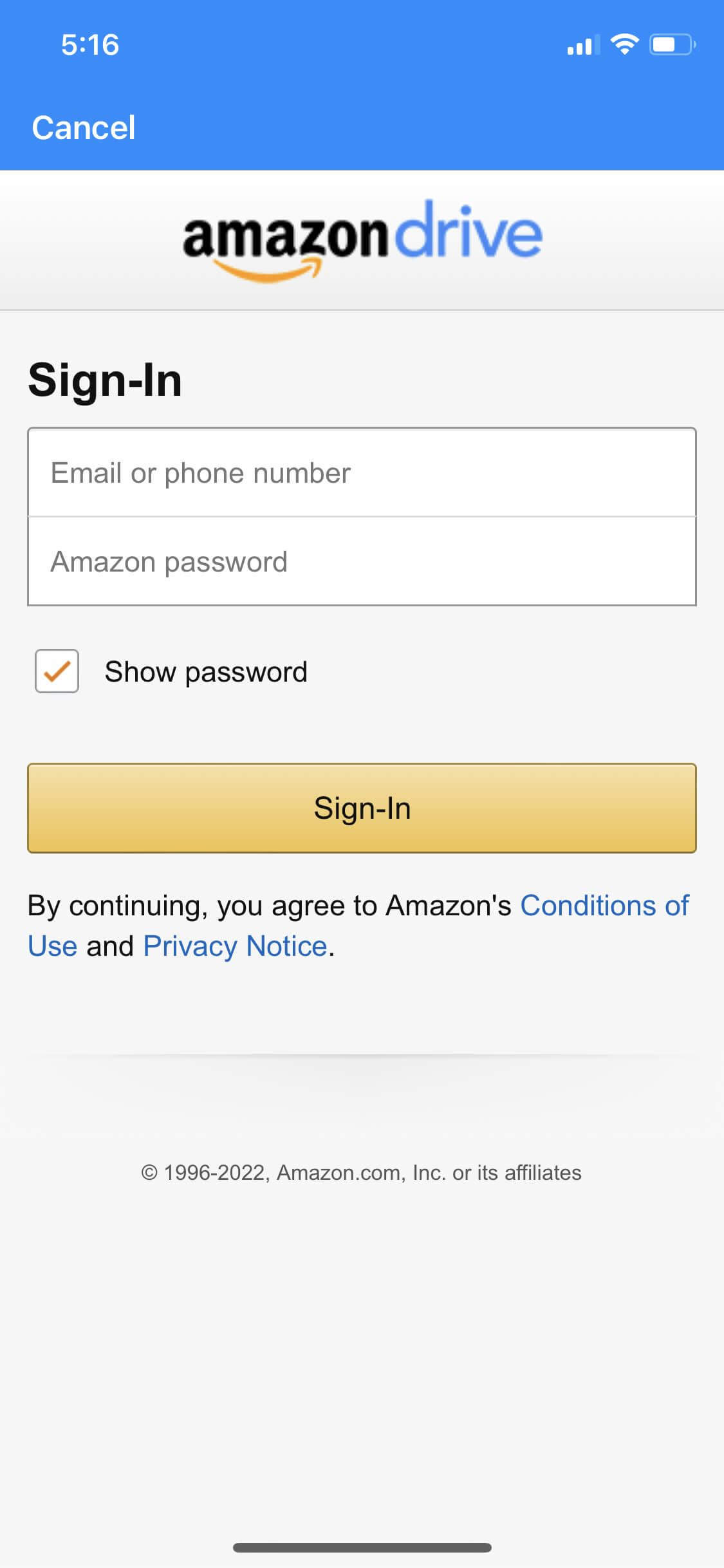 Màn hình đăng nhập Amazon Drive