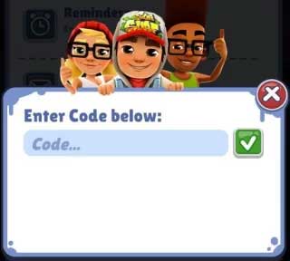 Cửa sổ nhập code Subway Surfers