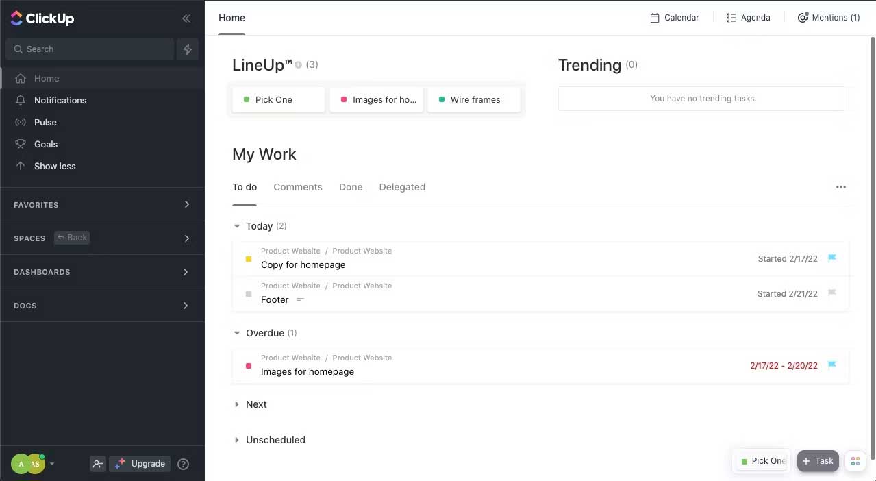 Tab Home trong ClickUp