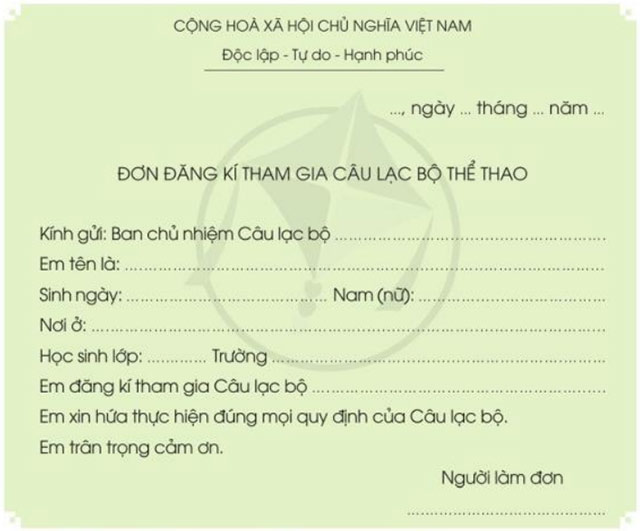Đơn tham gia câu lạc bộ thể thao