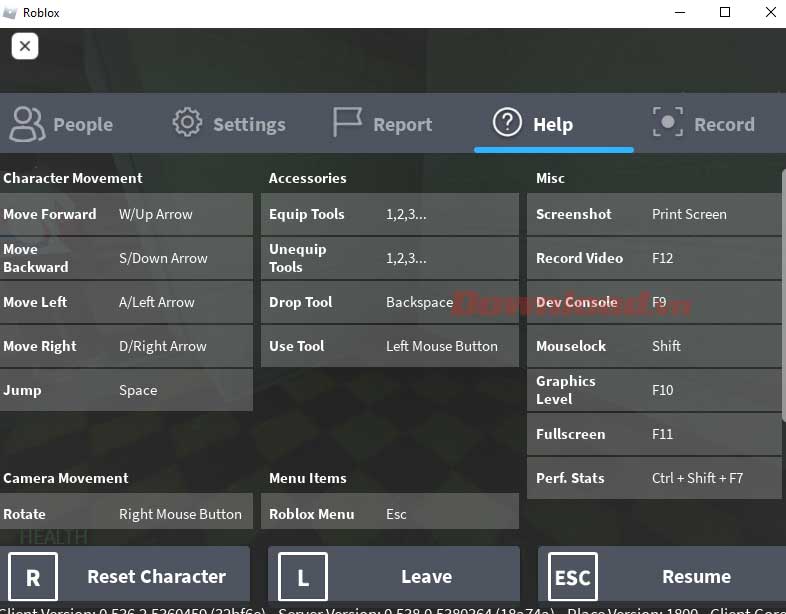 <p>Tab Help là trợ giúp, bao gồm các phím tắt chơi <strong>game nicos nextbots</strong>.</p>