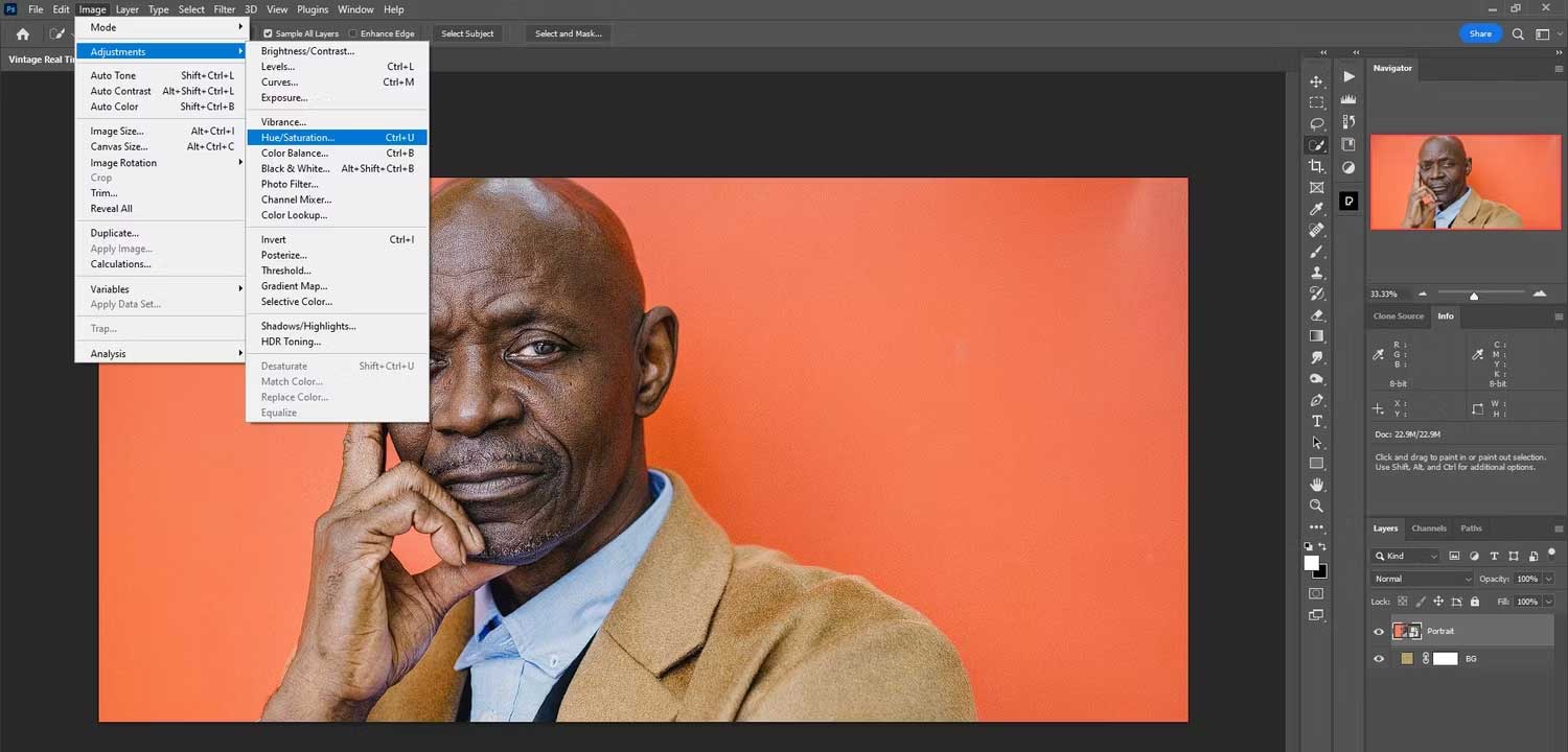 Image > Adjustments > Hue/Saturation