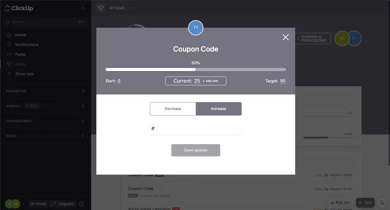 Cập nhật tiến trình mục tiêu trong ClickUp