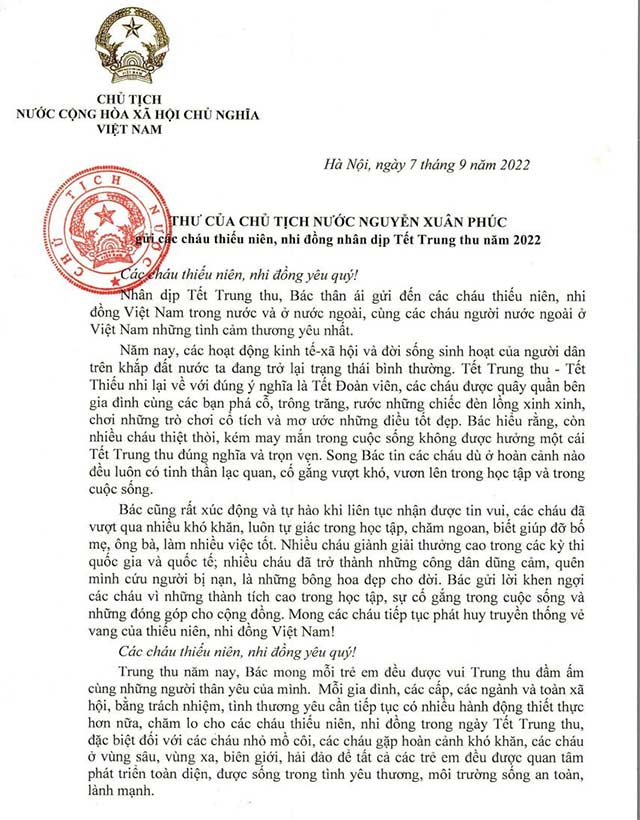 Thư chúc Tết trung thu năm 2024 Chủ tịch nước gửi thư chúc Tết Trung thu