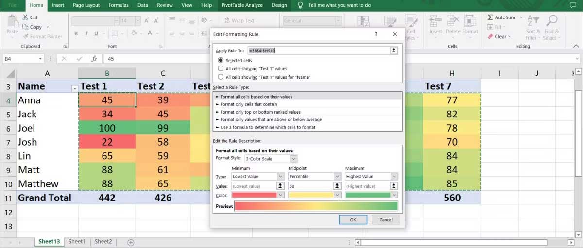 Thêm heatmap vào bảng pivot trong Excel