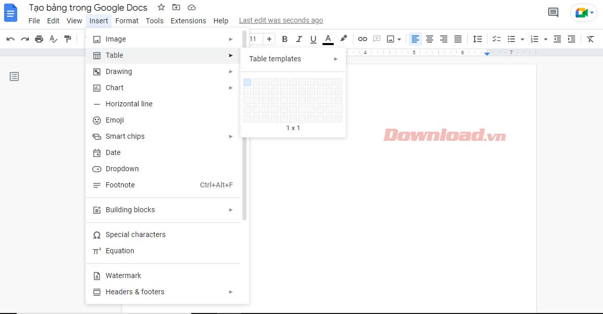 Chèn bảng vào Google Docs