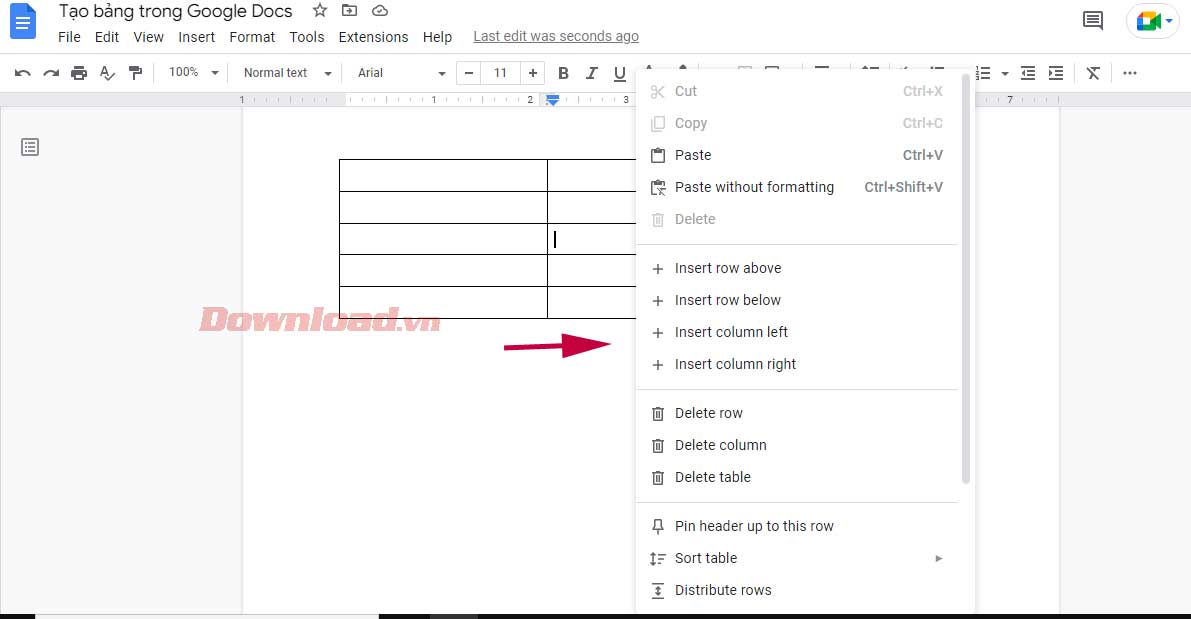 Chèn thêm cột và hàng vào Google Docs