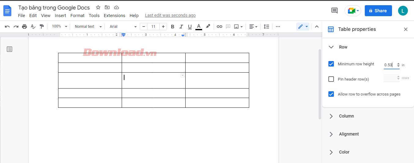 Tab cột trong Google Docs