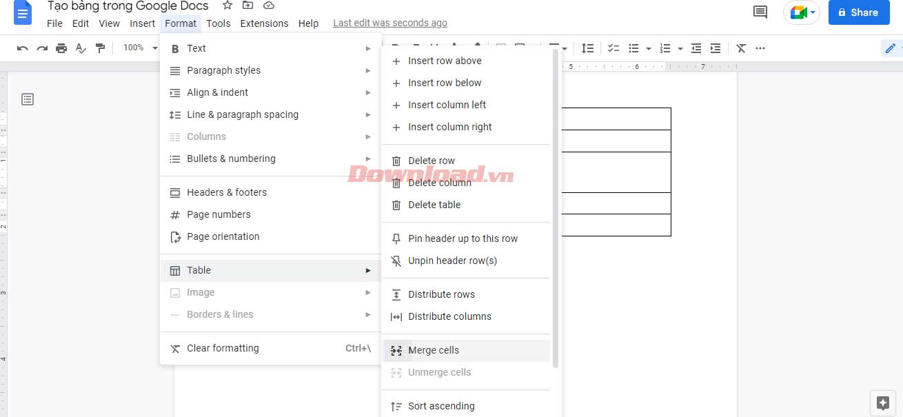 Hợp nhất các ô trong bảng ở Google Docs
