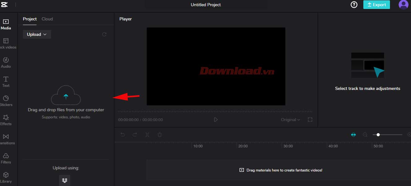 <p>CapCut sẽ mở ra một tab mới. Đây là nơi bạn sẽ chỉnh sửa video hoặc tạo mới. Nếu mới dùng CapCut,