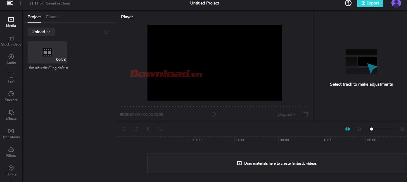<p>Chọn <strong>Media</strong> &gt; Kéo &amp; thả hoặc nhấn<strong> Upload </strong>để tải clip có sẵn