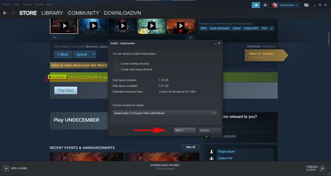 <p>Một pop-up hiện ra. Click vào các lựa chọn bạn muốn hiển thị game trên máy tính. Sau đó, click <strong>Next</strong>.</p>