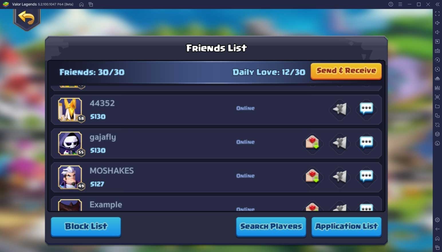 Danh sách bạn bè trong Valor Legends