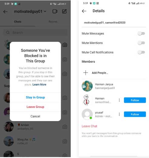 Tìm qua nhóm trò chuyện đã chia sẻ trên Instagram
