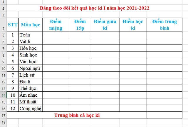 Bảng theo dõi kết quả học kì I