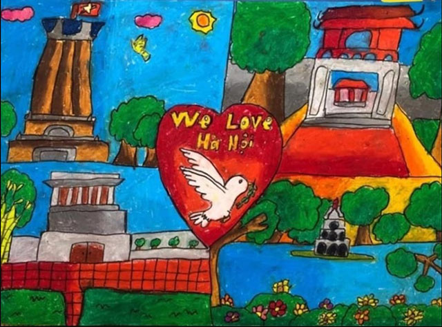 Mẫu tranh vẽ Em yêu Hà Nội - thành phố vì hòa bình 2023