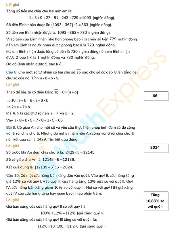 Đáp án đề thi vào lớp 6 môn Toán trường Amsterdam