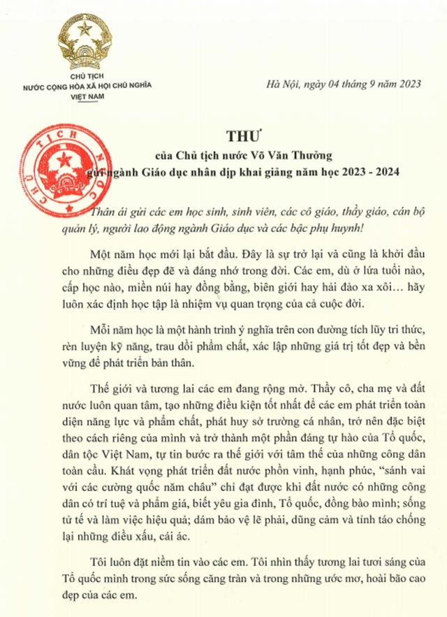 Thư Chủ tịch nước gửi ngày khai giảng